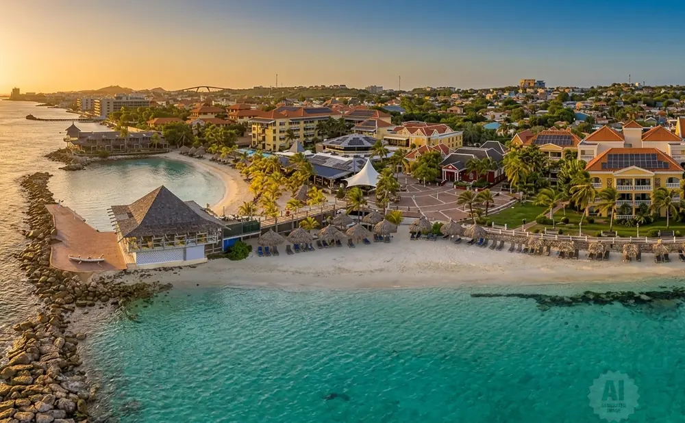 Aerial view of a tropical resort with buildings, beaches, and turquoise water at sunset.