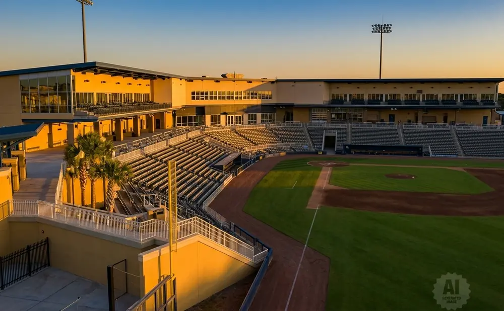 Baseball stadium with empty stands and a baseball field at sunset.
