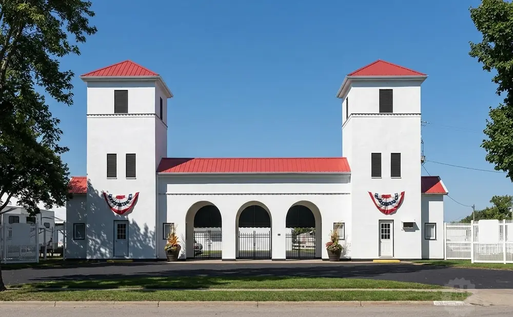 White building with red roofs and two towers, arched entrances, and patriotic bunting.