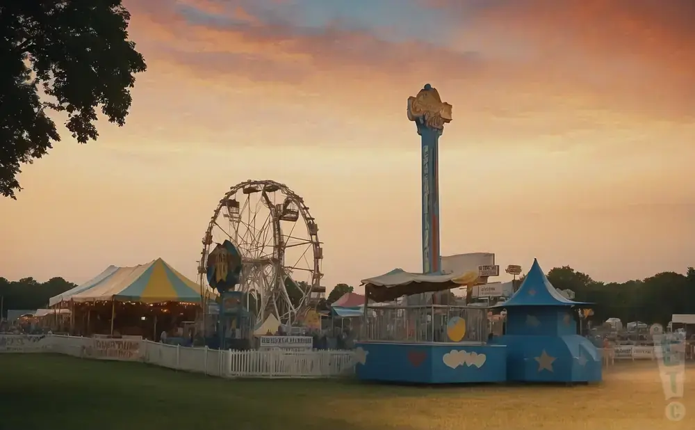 A carnival rides with a Ferris wheel and a drop tower at sunset.