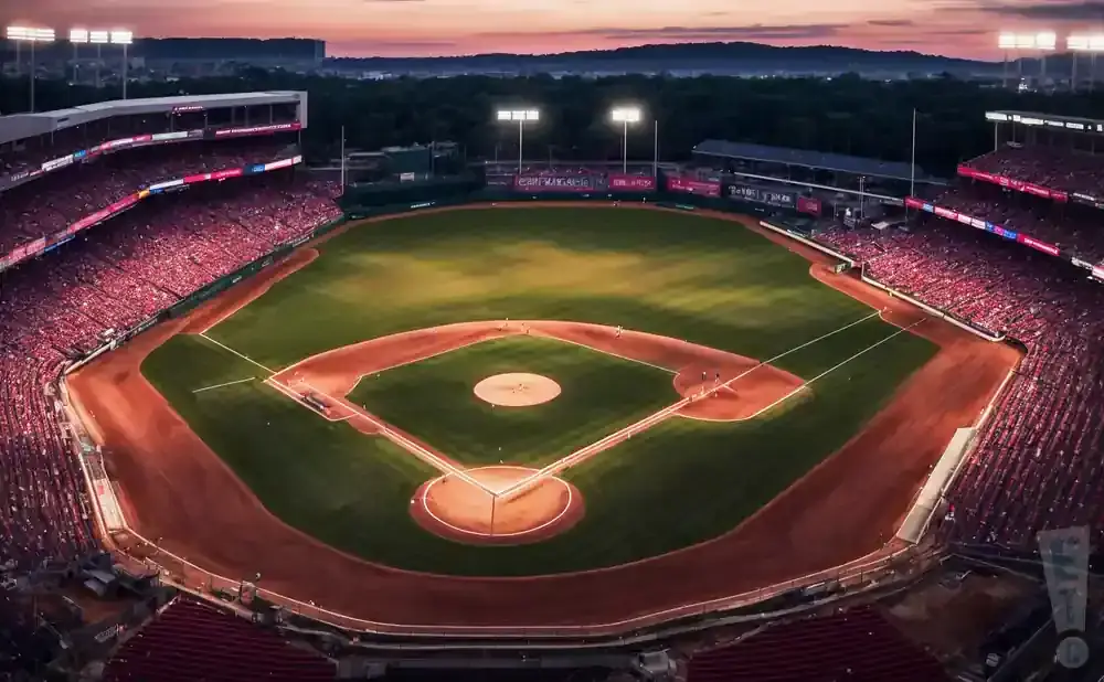 Aerial view of a baseball stadium filled with fans at dusk.