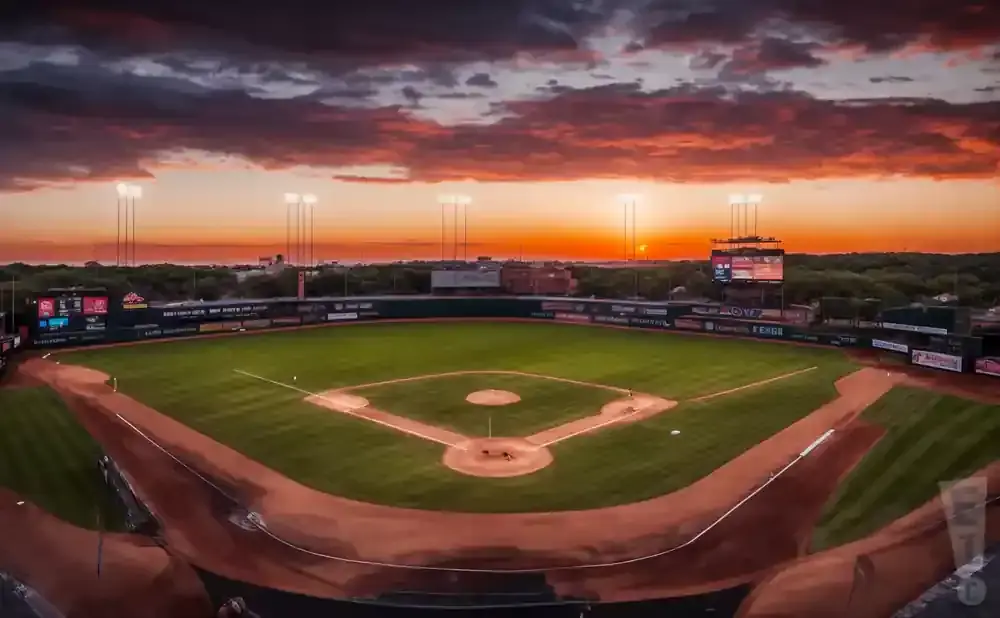 A baseball field at sunset with dramatic orange and purple clouds.