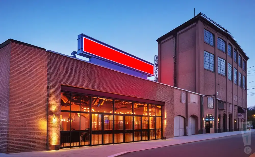 Exterior of a brick building with large glass doors, string lights inside, and a red billboard on top.
