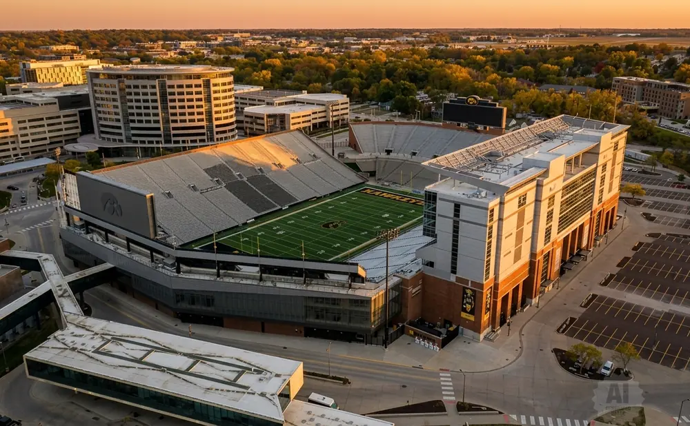 Aerial view of Kinnick Stadium with its football field, stands, and surrounding buildings at sunset.