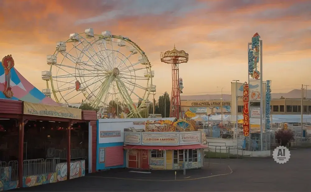 Amusement park with Ferris wheel and rides at sunset.