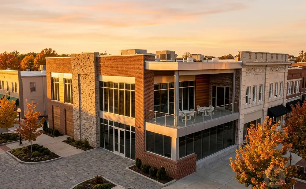 Modern brick building with stone accents, glass windows, and a balcony overlooking a street with autumn trees.