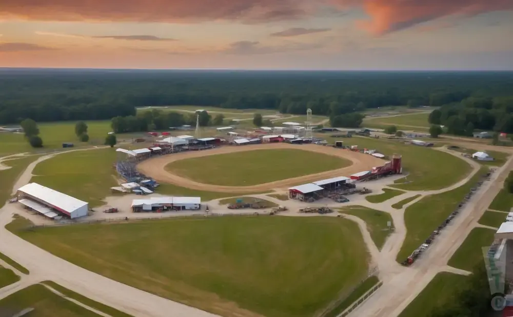 Aerial view of a dirt oval racetrack with grandstands, buildings, and trees under a sunset sky.