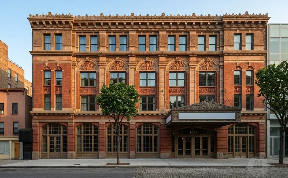 Exterior of a historic brick theater with ornate detailing and a modern glass building to the right.