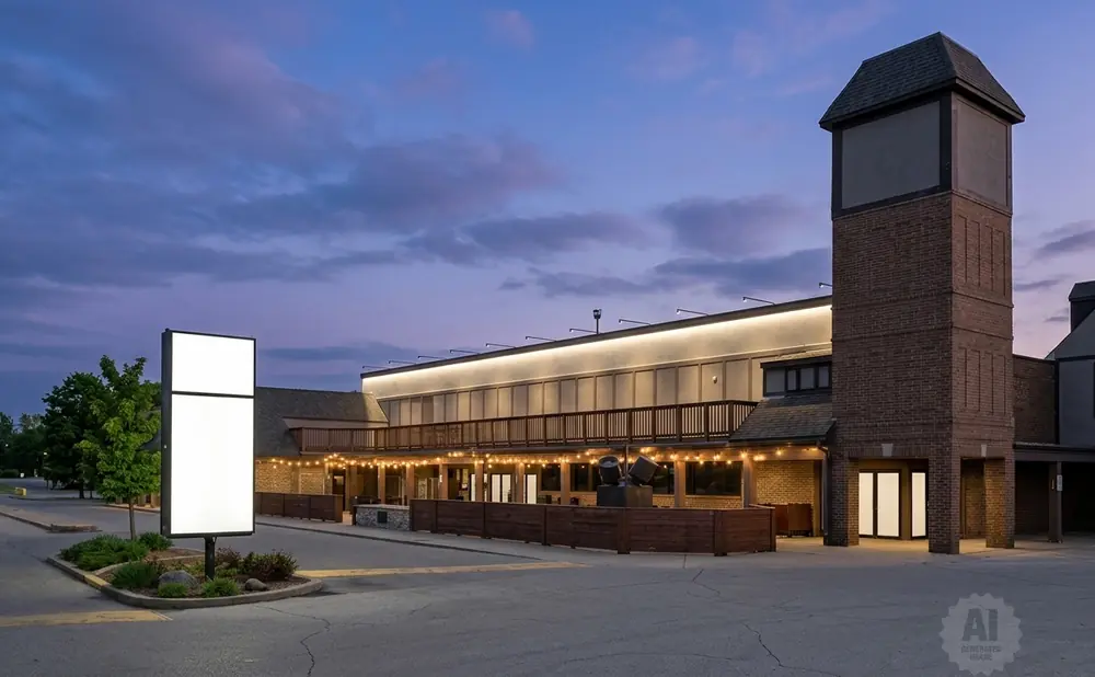 A lit building with a tower at dusk, featuring a large illuminated sign.