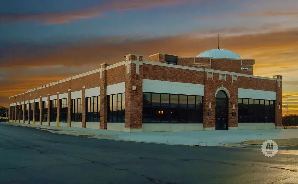 A brick building with a domed roof under a colorful sunset sky.