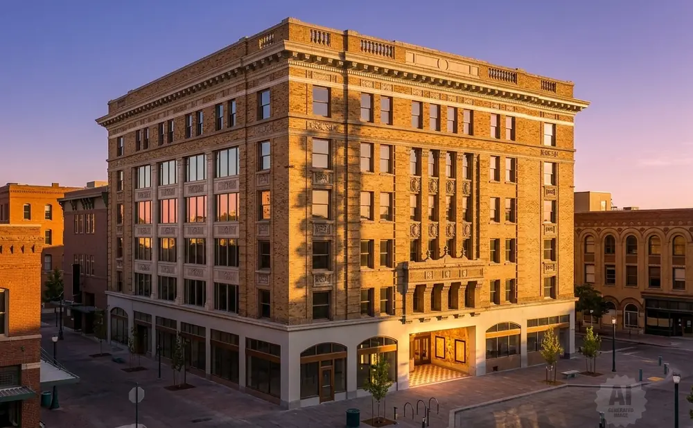 Exterior of a historic brick building with arched windows and decorative stonework, bathed in warm sunset light.
