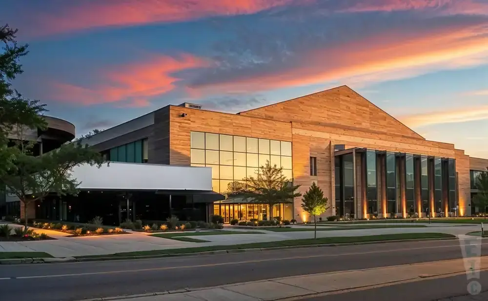 Modern building with wood and glass facade under a colorful sunset sky.