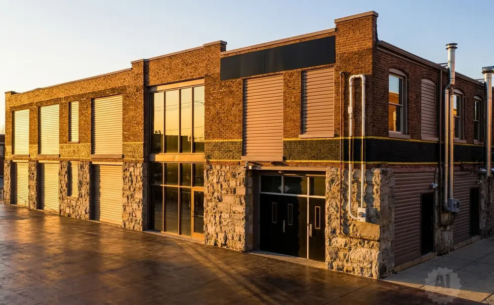 Modern brick building with large windows, stone accents, and roll-up doors at sunset.