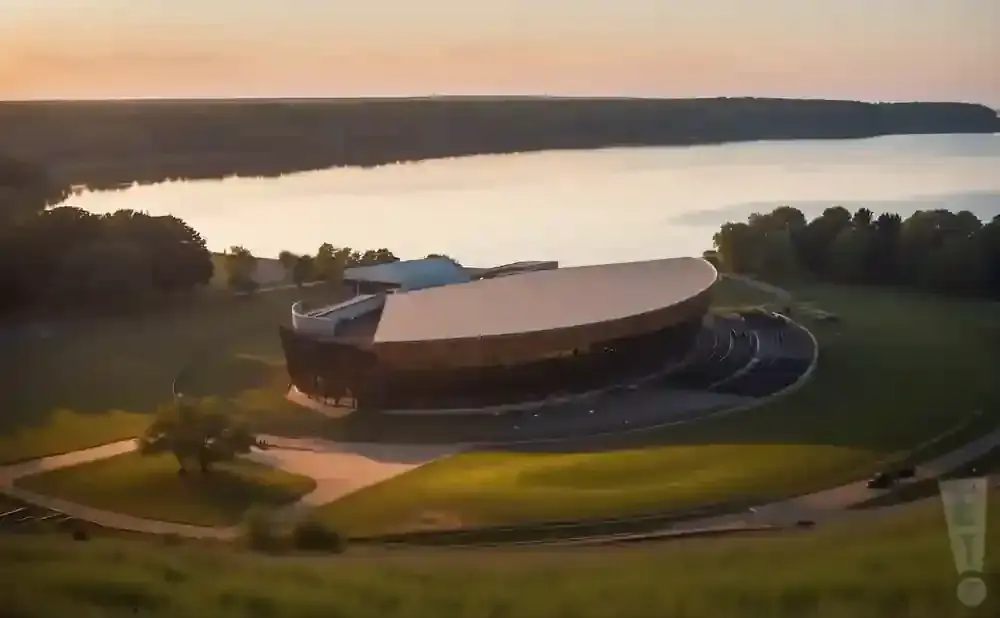 An aerial view of a large, ark-shaped building with a light-colored roof and dark walls, set against a wide body of water at sunset.