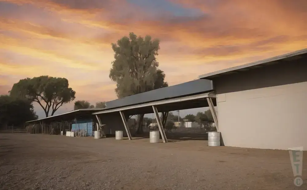 Covered stalls with metal barrels in front of a building with a dramatic sunset sky.
