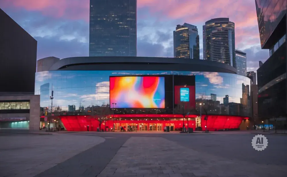 A modern arena with a large digital screen displays abstract art, reflecting city lights under a twilight sky.