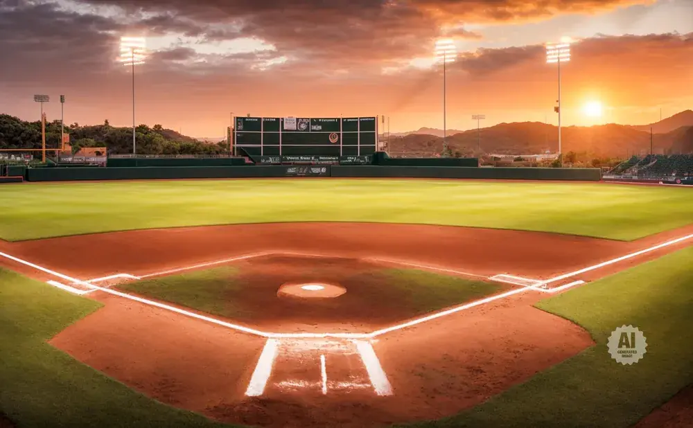 Baseball field at sunset, with lights on and mountains in the background.