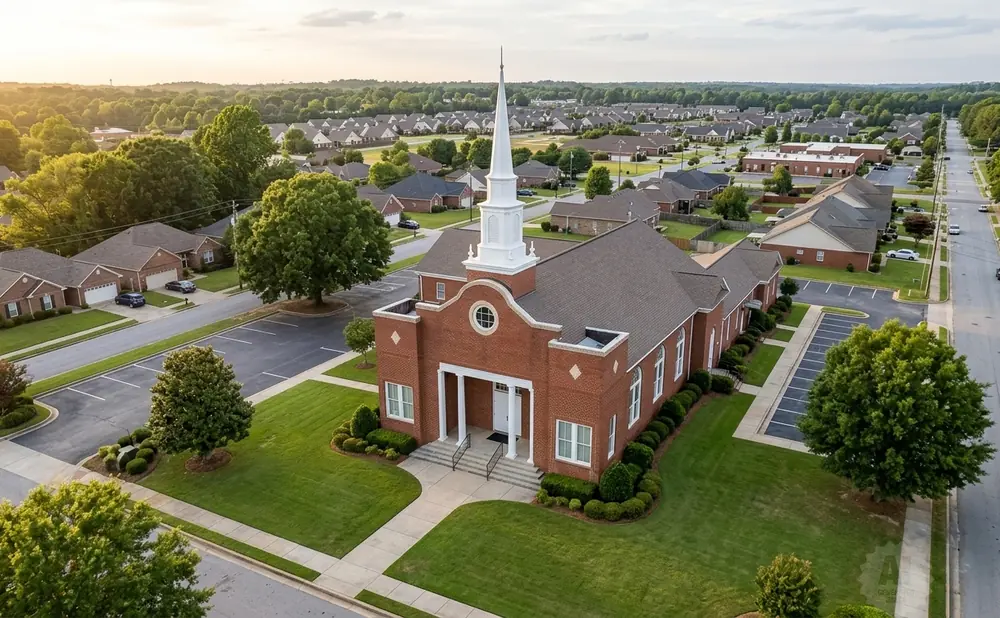 An aerial view of a brick church with a white steeple in a suburban neighborhood during sunset.