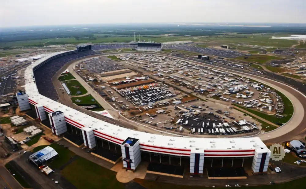 Aerial view of a large oval racetrack filled with RVs and cars, with grandstands and parking lots visible.