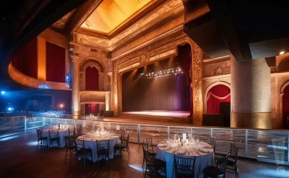 A theater with a stage, and tables set for dining on the floor level and on a mezzanine.