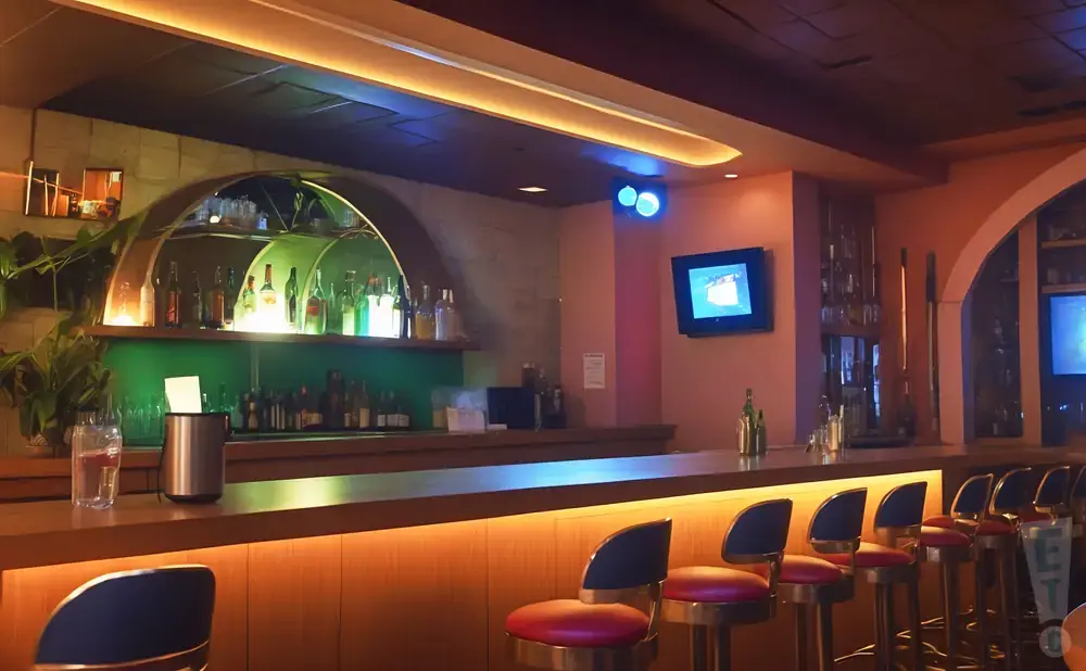Bar with illuminated counter and red stools, bottle-lined shelves, and a television screen.
