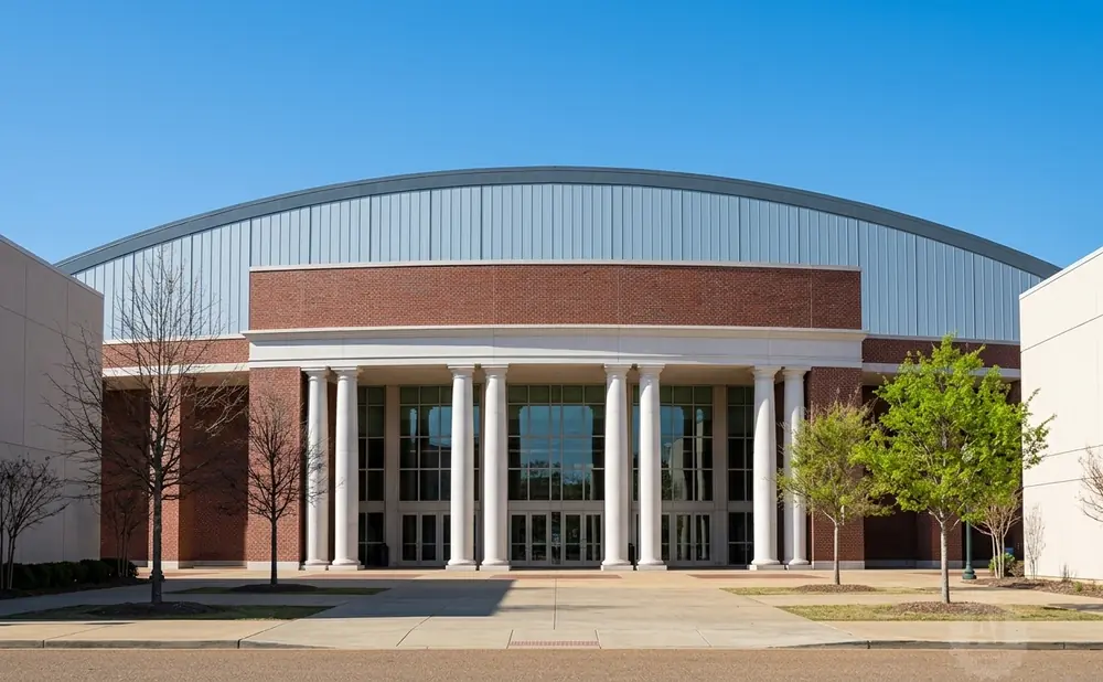 Front view of a building with a curved metallic roof, brick facade, and a colonnade entrance.