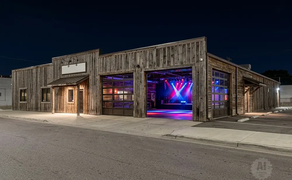 Exterior of a rustic wooden building at night, with garage doors open to reveal a lit stage.