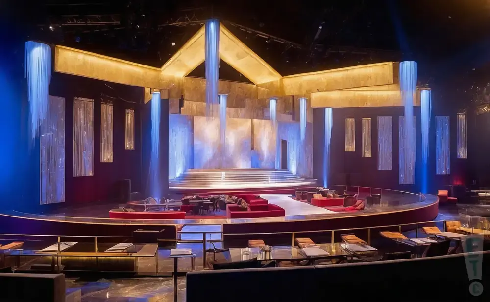 A modern, multi-level stage with tiered seating, dramatic blue lighting, and cascading fabric-like installations.