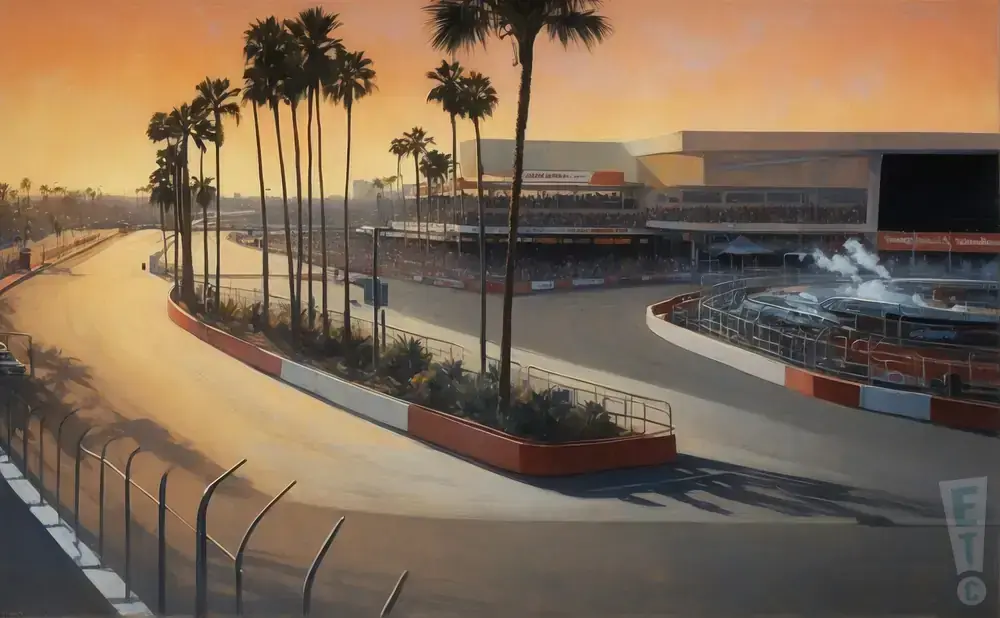 Painting of a race track with palm trees and stadium seating at sunset.
