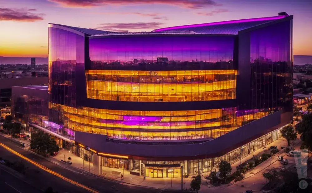 Modern glass building with purple and orange lights at dusk.