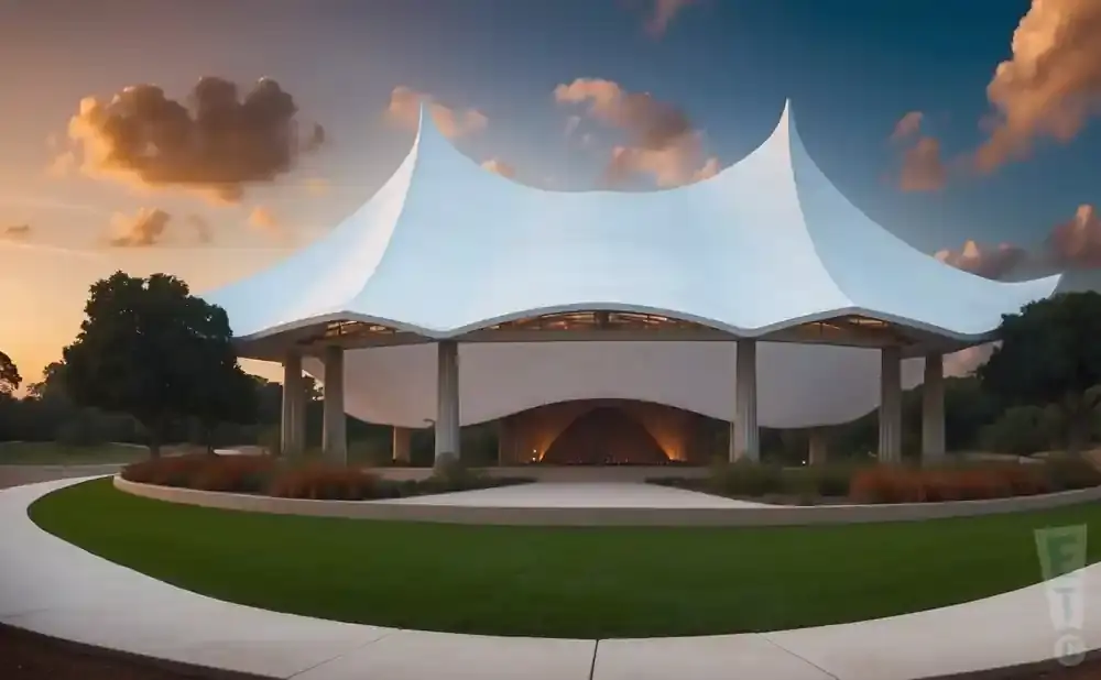 Modern open-air pavilion with a white, tent-like roof at sunset.