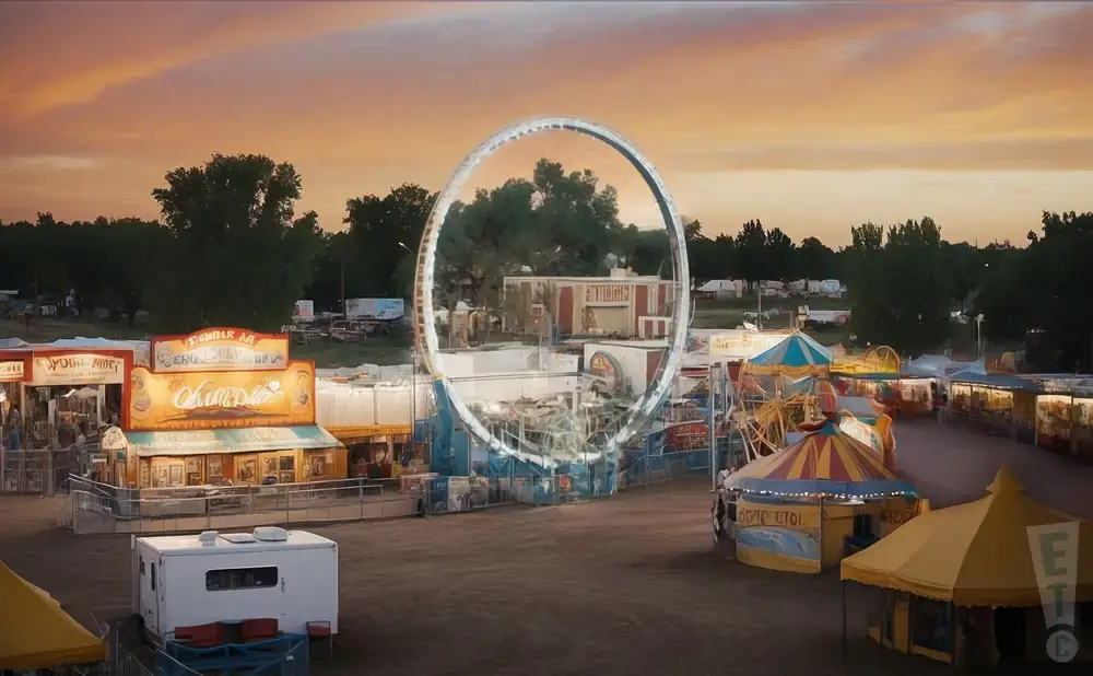 An amusement park at sunset, with rides and game booths.