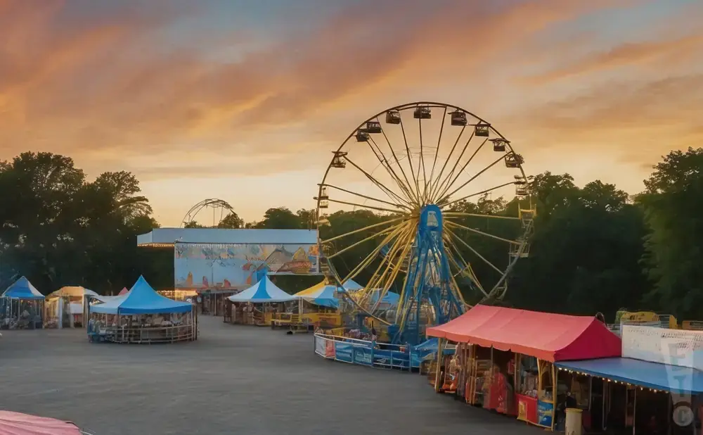 Amusement park with Ferris wheel, rides, and tents under a warm sunset sky.