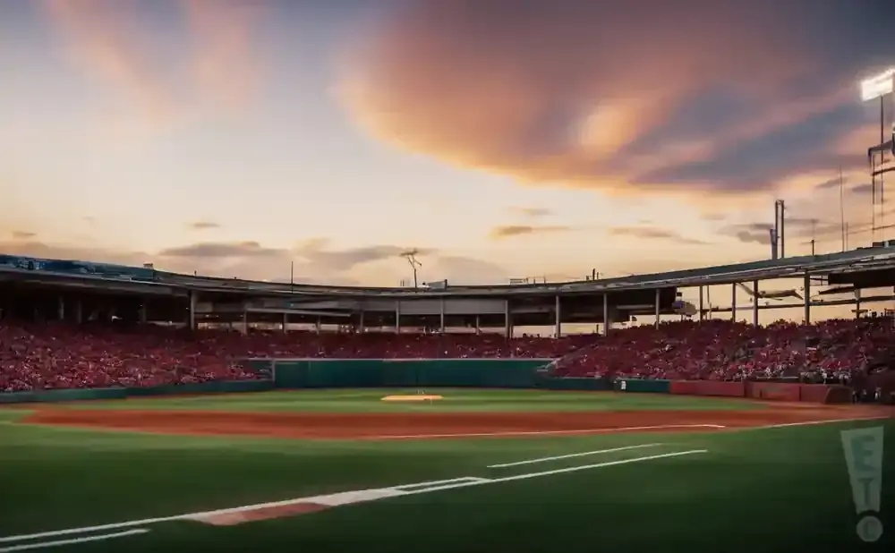 A baseball stadium filled with fans under a dramatic sunset sky.
