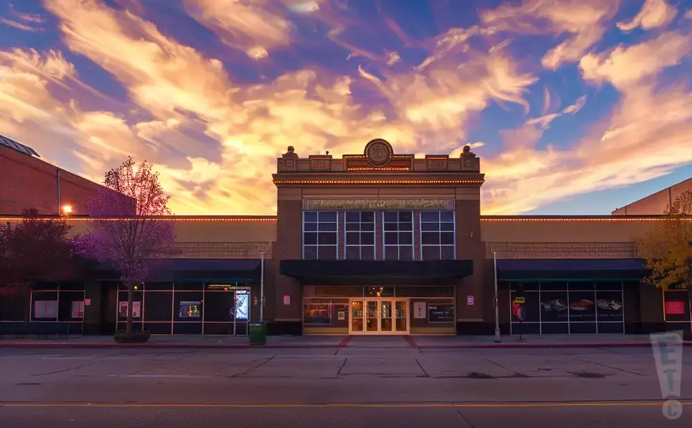 A theater facade with decorative details and a clock, set against a vibrant sunset sky with wispy clouds.