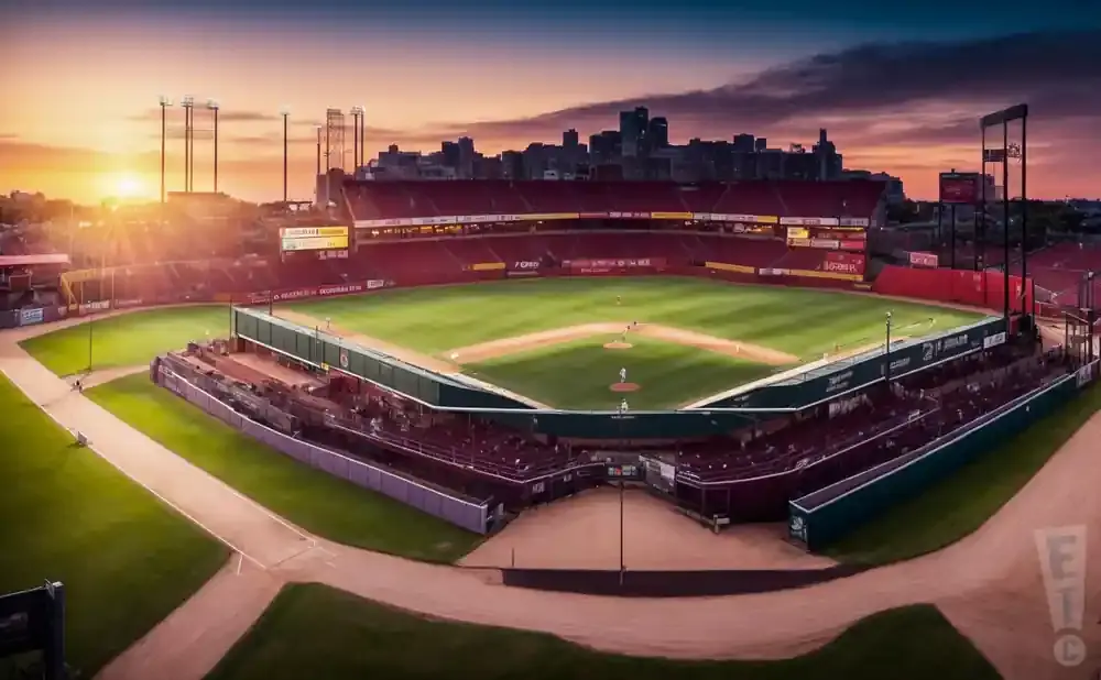 Aerial view of a baseball stadium at sunset with a cityscape in the background.
