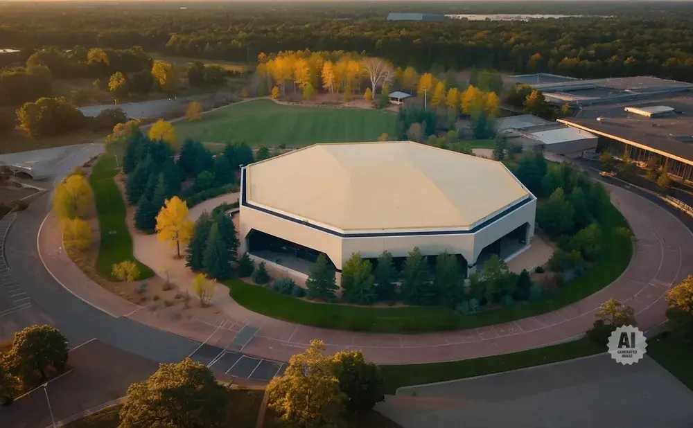 Aerial view of a large octagonal building with a tan roof, surrounded by trees and a circular road.