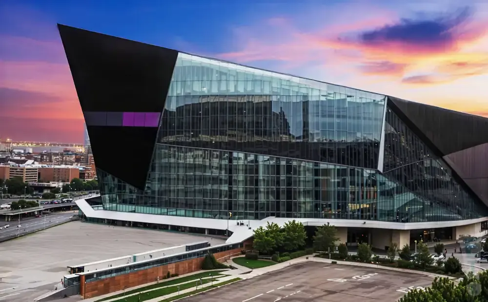 A modern, angular glass and dark-paneled building at sunset.