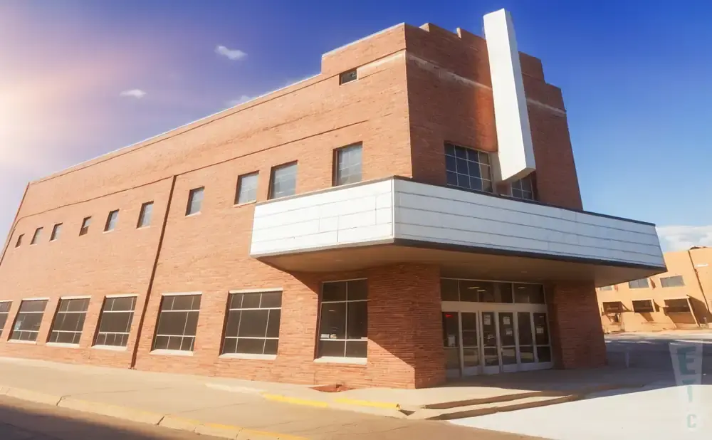 Red brick building with a prominent white structure on top, under a bright blue sky.