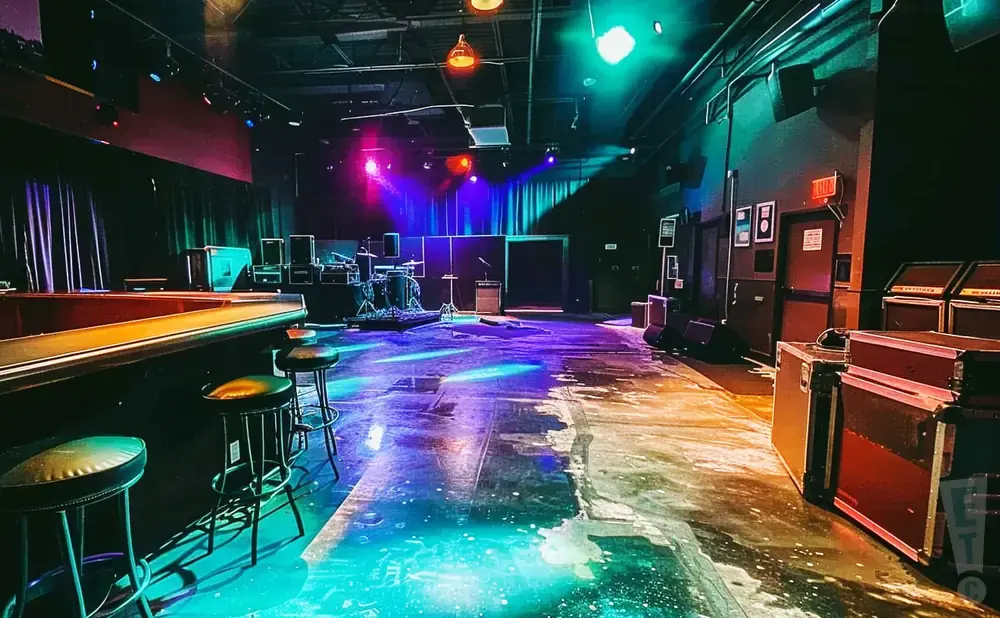 Empty concert venue with stage, bar stools, and lighting.