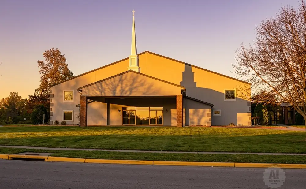 Church with a steeple at sunset, cast in warm light.