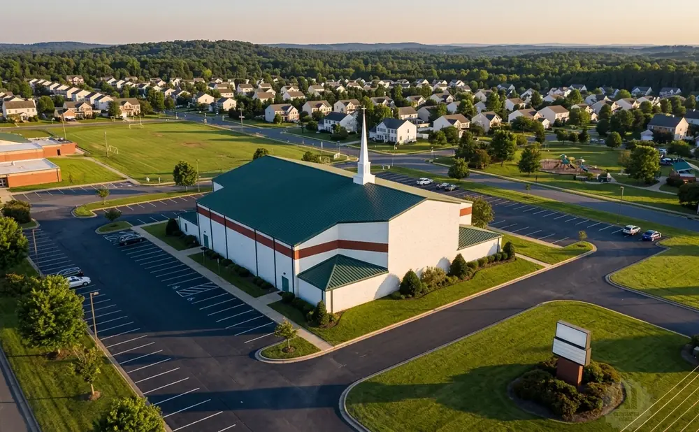 Aerial view of a white church with a green roof and steeple, surrounded by a suburban neighborhood.