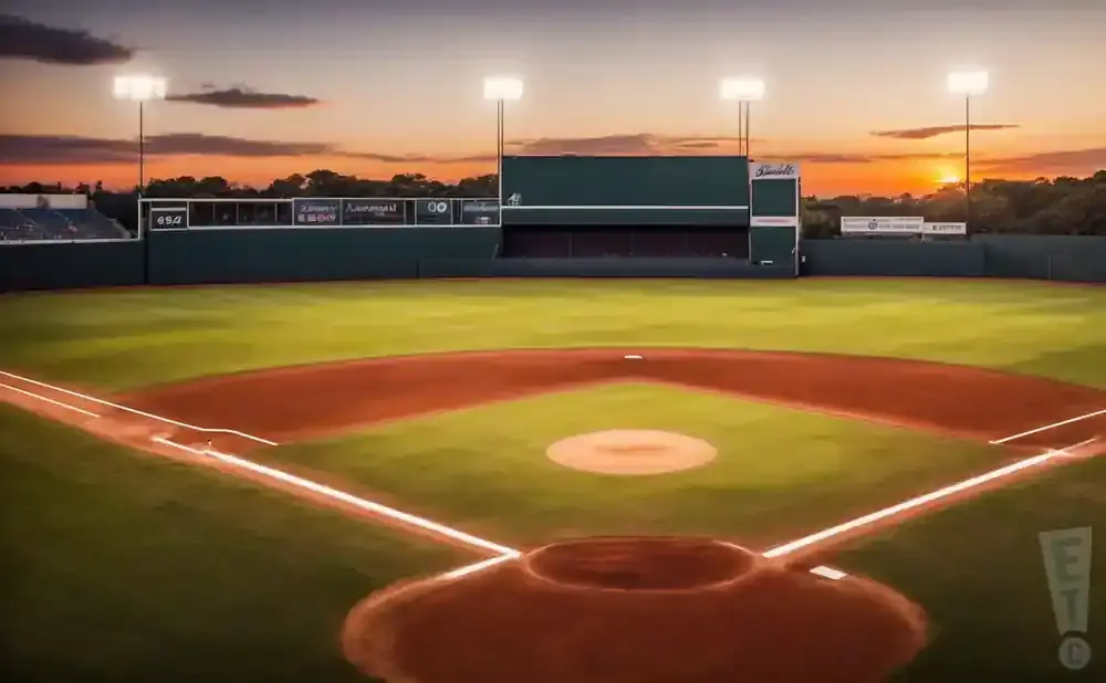 A baseball field at sunset, with lights on and stadium seating in the background.