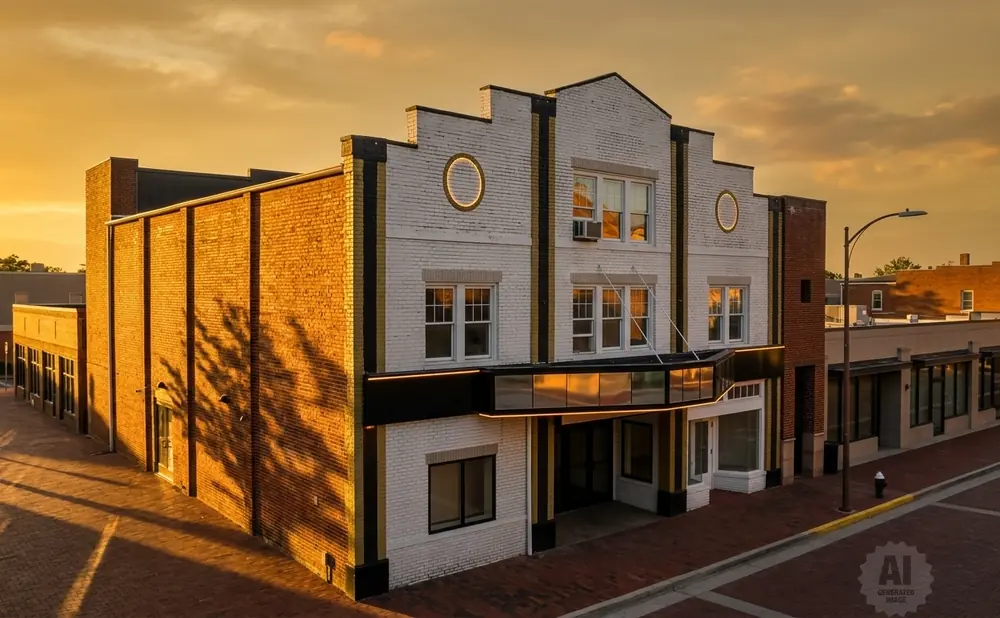 An old theater building bathed in golden sunset light, with brick accents and a marquis.