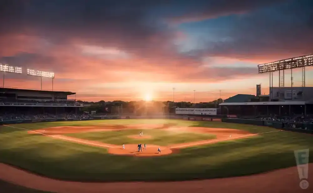 Baseball field at sunset with players on the field and stadium lights on.