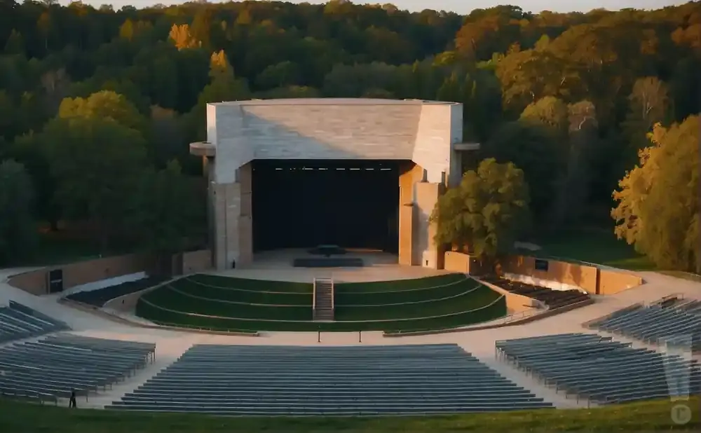 An outdoor amphitheater with tiered seating surrounds a large stage backed by trees.