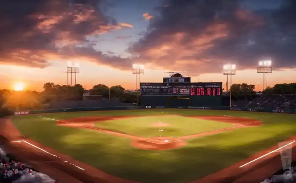A baseball field at sunset, with dramatic clouds and stadium lights.