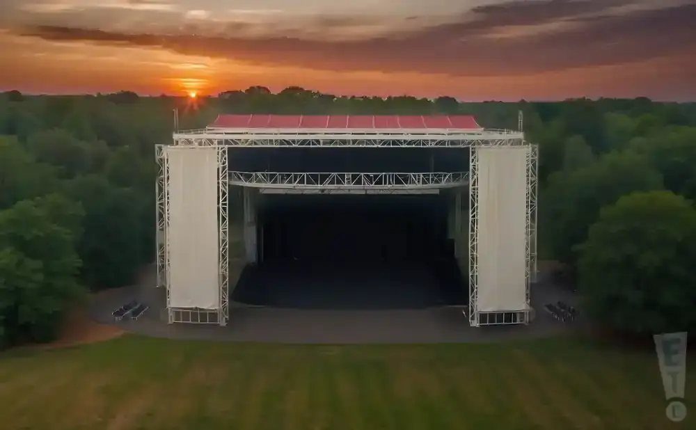 An outdoor concert stage is set up in a wooded area at sunset.