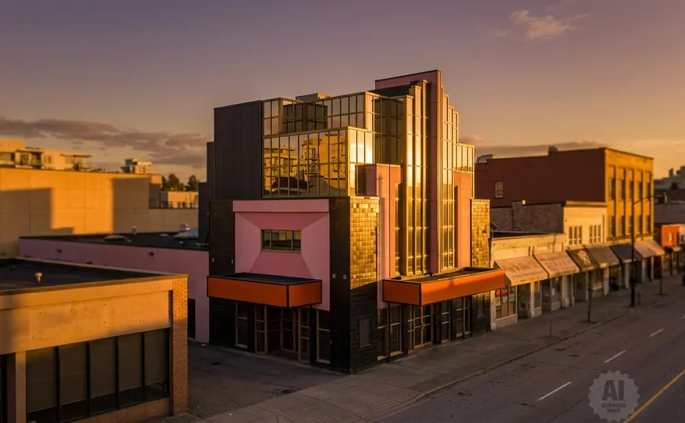 Art deco building with pink and glass facade, illuminated by golden sunset light.