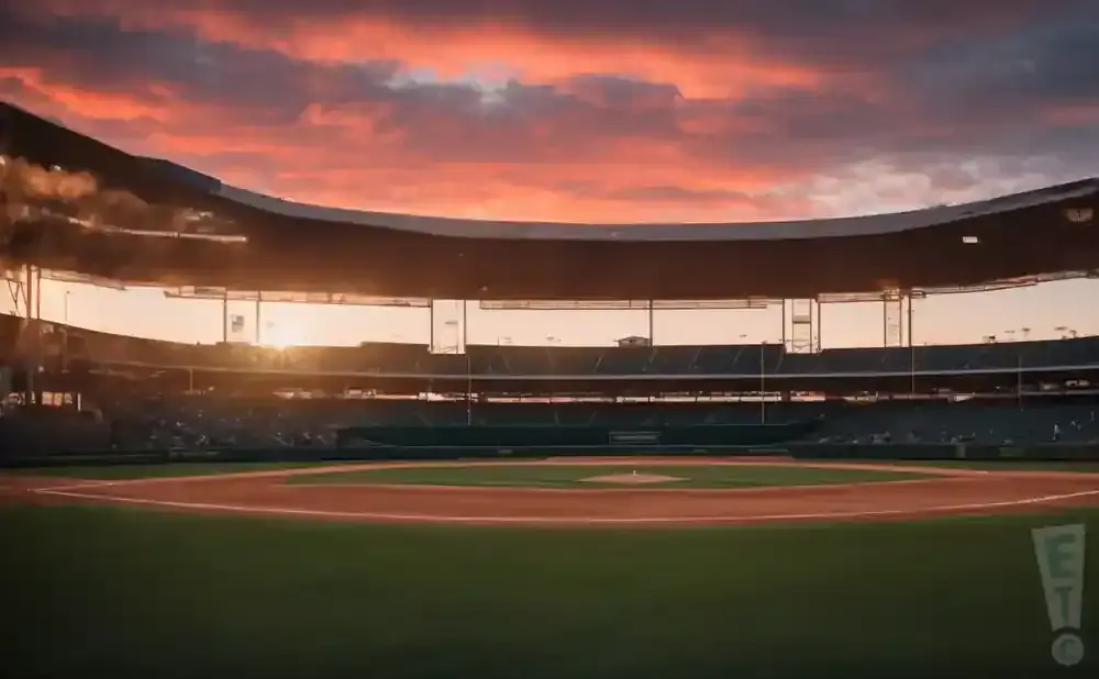 A baseball stadium at sunset, with a vibrant orange and pink sky and the sun peeking through the stadium lights.